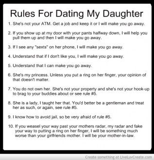 Rules for dating my daughter...  let the games begin bawww ha ha ha ha (oh ok , so I like the boy ;-) ) doesn't mean I won't enforce rule #5 if need be Rules For My Future Kids, Rules For Dating My Daughter, Rules For Dating, First Date Rules, Dating My Daughter, Dating Rules, Chic Frames, Divorce Quotes, Date Me