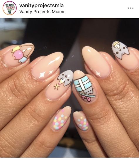 Pusheen Nail Art, Pusheen Nails, Geeky Nails, Cat Nail Designs, Kids Nail Designs, Jade Nails, Kawaii Nail Art, Glittery Nails, Cute Simple Nails