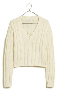 A classic cable-knit style in a supersoft cotton blend. With a cropped, slim fit, this V-neck sweater is a match made in heaven with high-waist everything. 18 1/2" length (size Medium) V-neck Long sleeves 53% cotton, 35% acrylic, 12% polyester Machine wash, tumble dry Imported Cream Cropped Sweater, V Neck Pullover, A Match Made In Heaven, Match Made In Heaven, Wide Leg Linen Pants, Nordstrom Anniversary Sale, Crop Sweater, Made In Heaven, Linen Pants