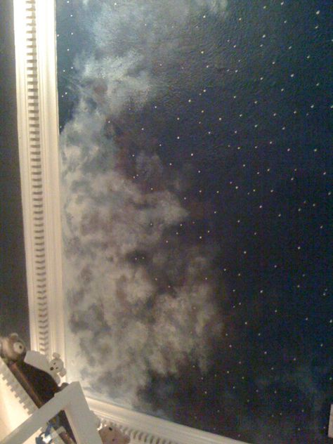 Constellation Mural Ceiling, Starry Sky Ceiling Mural, Night Sky Celling, Nursery Ceiling Mural, Dark Ceiling Nursery, Ceiling Paint Ideas Murals, Star Mural Ceiling, Ceiling Painted Like Sky, Paint Stars On Ceiling