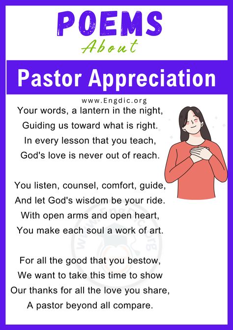 Pastor Appreciation Day is a wonderful occasion to express gratitude for the tireless efforts and spiritual guidance of our pastors. Through their teachings, leadership, and compassion, they inspire and uplift our communities. In this blog post, we’ve gathered ten heartfelt poems that beautifully convey our thanks and admiration for these dedicated individuals. Join us in celebrating the invaluable role pastors play in our lives with these eloquent verses. Short Pastor Appreciation Poem... Thankful Poems, Pastor Appreciation Poems, Appreciation Poem, Pastor Appreciation Quotes, Heartfelt Poems, Pastors Wife Appreciation, Encouraging Poems, Pastor Appreciation Month, Writing Songs Inspiration