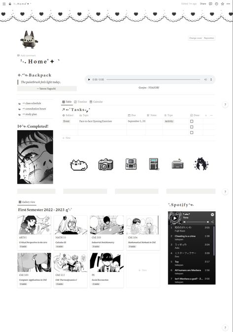 I only use this for task management since I’m not fond of overly complicated templates. The gallery below contains basic information about my courses so they’re basically there just for aesthetic reasons (lmao). Aesthetic Blog Template, Gothic Notion Template, Goth Notion Template, Cardd Inspo, Platforms Aesthetic, Notion Inspiration, Notion Library, Notion Inspo, Notion Ideas