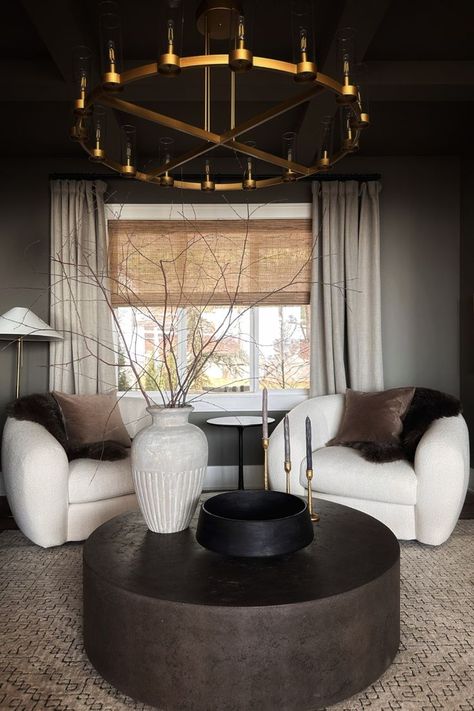 Our Sitting Room is the perfect space for that extra cup of coffee. Oversized chairs, natural elements, and a moody and cozy paint Sitting Room Ideas Cozy, Moody Living Room, Sitting Room Design, Flex Room, Living Room Inspo, Lounge Room, Formal Living Rooms, Front Room, Round Coffee Table