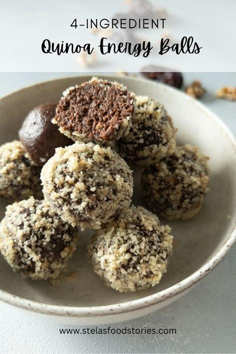 Ideal for active kids and athletes, these bite-sized snacks are packed with wholesome quinoa, rich cocoa, sweet dates, and crunchy walnuts. Satisfy your sweet tooth and boost your energy with my recipe for cocoa quinoa energy balls! #quinoarecipes #easysnacks #energyboosting #energyballs Quinoa Protein Balls, Quinoa Energy Balls, Quinoa Snack Recipes, Quinoa Pops Recipes, Best Energy Balls, Date And Cocoa Energy Balls, Plant Based Energy Balls, Quinoa Protein Balls Energy Bites, Chocolate Date Energy Balls