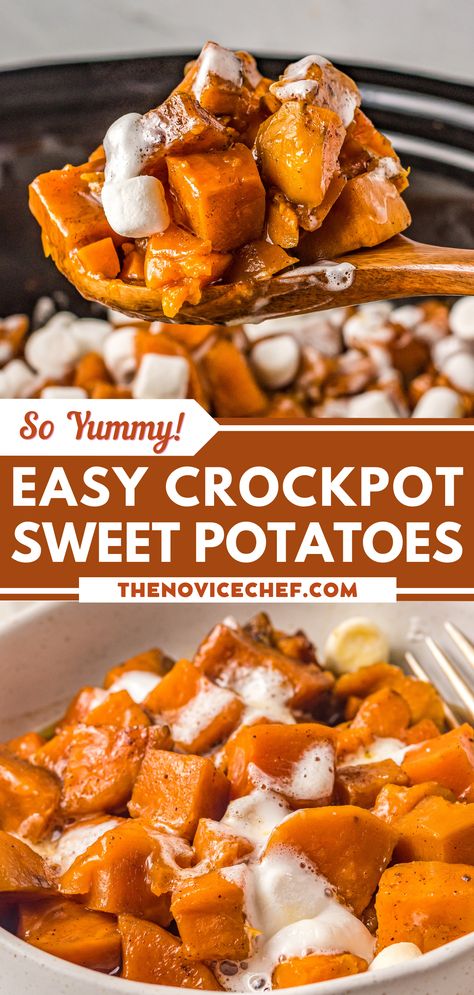 Crockpot Sweet Potato Casserole, Crockpot Sweet Potatoes, Wedges Potato, Sweet Potato Casserole Crock Pot, Crock Pot Sweet Potatoes, Sweet Potatoes With Marshmallows, Sweet Potato Dishes, Thanksgiving Food Sides, Autumn Side Dishes