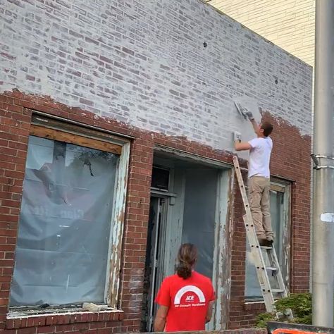 Fixing Brickwork and Applying a German Smear Finish - How to apply a limewash style finish to brick for a distressed look. German Smear Brick Exterior, German Smear Brick, Restaurant Remodel, Exterior Refresh, Black Garage Door, Stained Brick, Dream Home Exteriors, German Smear, Painting Brick