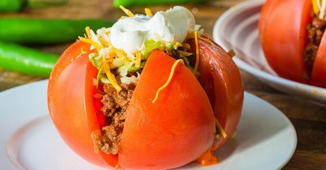 Stuffed Tomatoes Baked, Taco Tomatoes, Taco Stuffed Tomatoes, Twelve Tomatoes, Recipes With Tomatoes, Delicious Casseroles, Veg Meals, Tomatillo Sauce, Stuffed Tomatoes