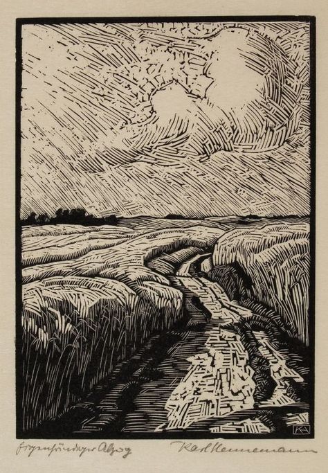 Karl Hennemann - woodcut: Black And White Block Prints, Layered Printmaking, Woodcut Landscape, Linocut Landscape, Woodcut Printing, Woodcut Prints, Wood Block Print, Woodcut Art, Relief Printmaking