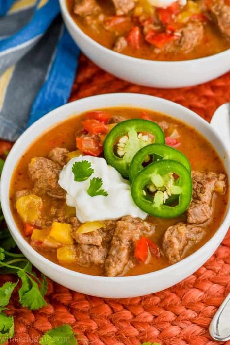 This Steak Fajita Soup Recipe is going to be your favorite new comfort food!  This soup recipe starts with my fajita seasoning recipe and is like a delicious steak fajita as a warm bowl of comforting soup that you will want to make all winter long! Steak Fajita Soup, Jambalaya Soup, Fajita Soup Recipe, Healthy Chili Recipe Turkey, Fajita Soup, Creamy Wild Rice Soup, Fajita Seasoning Recipe, Delicious Chili Recipe, Homemade Soups