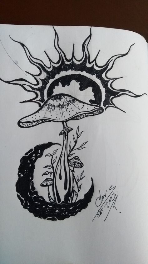 Mushrooms tattoo ideas . . . . . #mushrooms #suntattoo #moontattoo #mushroomsdrawing #themoon #thesun #nanquim #tattooideas Dripping Mushroom Drawing, Moon And Mushroom Tattoo, Mushroom Tattoos Trippy, Hippy Art Aesthetic, Trippy Sun Drawing, Sun And Moon Drawing Simple, Cool Mushroom Drawing, Trippy Mushroom Tattoo, Mushroom Drawing Hippie