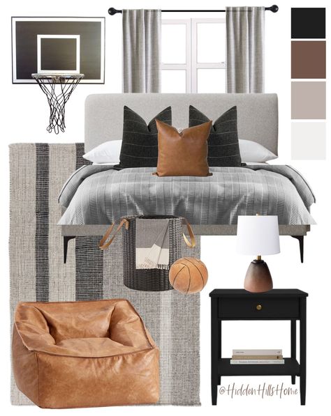 Boys Bed Room Ideas, Boys Bed Room, Boys Bedroom Grey, Young Mans Bedroom, Basketball Themed Bedroom, Themed Bedroom Ideas, Grey Upholstered Bed, Sports Themed Bedroom, Boys Bed