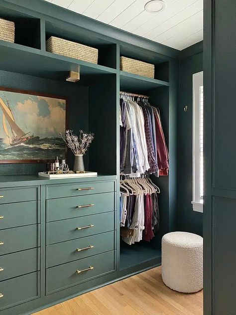 The best closet makeovers using IKEA PAX systems with hacks to make it look custom and solutions for creating the most functional storage. Closet Cabinet Color Ideas, Ikea Hacks Bedroom Closet System Pax Wardrobe, Closet Built Around Dresser, Guest Bedroom Walk In Closet, Teal Walk In Closet, Weird Closet Space, Walk In Closet Green, Ikea Pax Closet Bedroom, His Walk In Closet