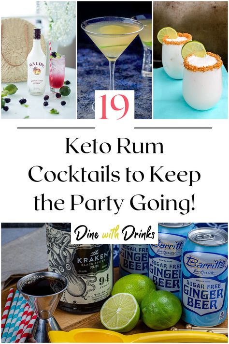 Collage of 4 keto rum cocktails. Low Carb Mixed Drinks Cocktails, Keto Alcohol Drinks Cocktail Recipes, Low Calorie Rum Cocktails, Low Carb Rum Drinks, Keto Rum Drinks, Low Calorie Rum Drinks, Low Carb Drinks Alcohol, Low Cal Alcoholic Drinks, Alcoholic Drinks Rum