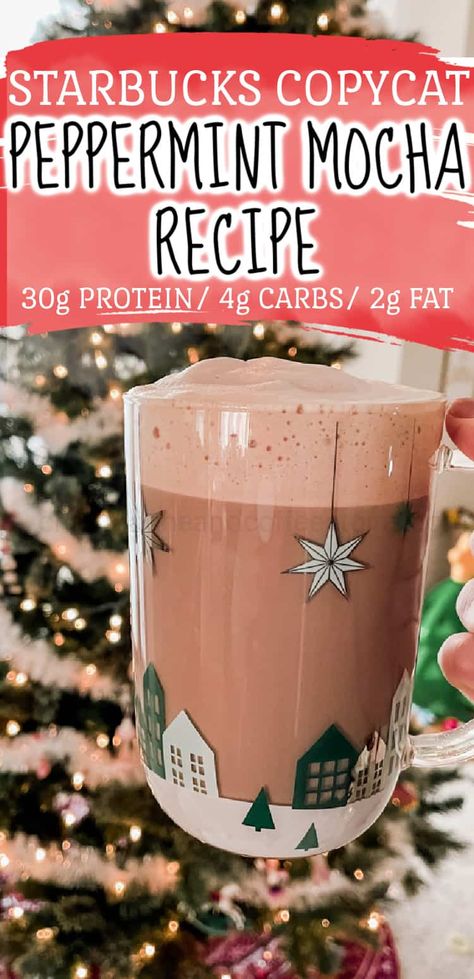 This is a protein packed low carb skinny peppermint mocha copycat recipe! So easy to make Starbucks Protein, Peppermint Mocha Creamer, Peppermint Mocha Recipe, Starbucks Peppermint Mocha, Smoothie Recipies, Iced Coffee Protein Shake Recipe, Coffee Protein Shake, Coffee Recipes Starbucks, Mocha Recipe