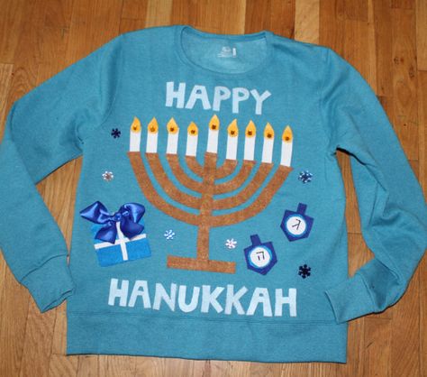 Creative Ugly Christmas Sweater, Ugly Hanukkah Sweater, Shabbat Shalom Images, Hanukkah Sweater, Sweater Diy, Ugly Sweater Diy, How To Celebrate Hanukkah, Hanukkah Cards, Can Light