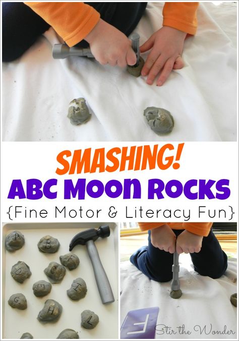 Smashing ABC Moon Rocks | Stir The Wonder Cotton Ball Activities, Abc Matching, Space Theme Preschool, Space Preschool, Fine Motor Activity, Space Unit, Moon Rocks, Outer Space Theme, Space Activities