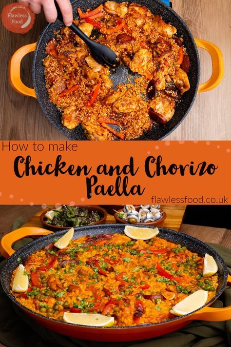 Bring the vibrant spirit of Spain to your dinner table with this delectable Chicken & Chorizo Paella recipe! Bursting with rich flavours and colourful ingredients, perfect for sharing with friends and family. Our step-by-step recipe will walk you through creating an unforgettable meal featuring tender chicken, smoky chorizo, and perfectly cooked rice – complemented by lemon wedges and fresh parsley. #ChickenChorizoPaella #SpanishCuisine #PaellaRecipe #DeliciousDinnerIdeas Spanish Pialla Recipes, Dinner Recipes Spanish, Chicken And Sausage Paella, Spanish Meals Dinners, Spain Meals, Pialla Recipes, Chicken And Chorizo Recipes, Paella Recipe Authentic, Chicken Paella Recipe