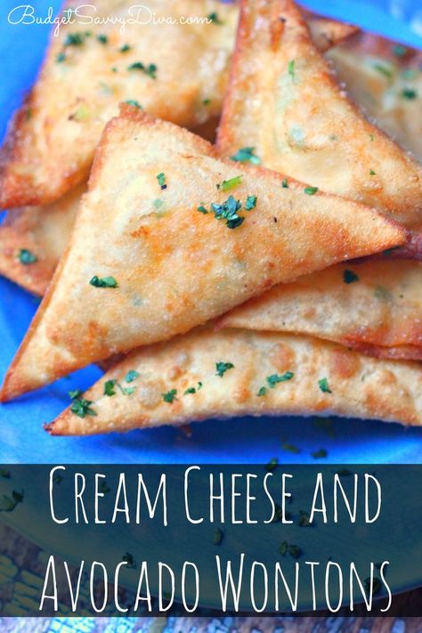 Cream Cheese and Avocado Wontons Recipe Avocado Wontons, Avocado Recipes Healthy, Avocado Dessert, Wonton Recipes, Wontons, Stuffed Avocado Healthy, Buffalo Chicken Dip, Avocado Recipes, Appetizer Snacks