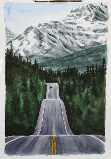 Watercolor mountains road forest Mountains Painting Watercolor, Mountains Art Painting, Road Painting, Mountains Painting, Mountain Drawing, Watercolor Mountains, Acrylic Painting Techniques, Simple Acrylic Paintings, Mountain Paintings