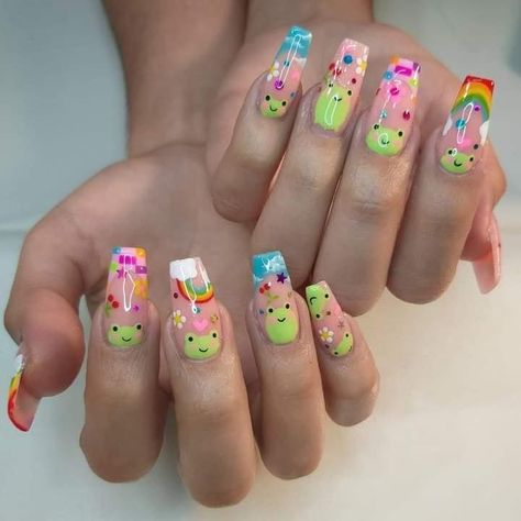 Frog Nails, Retro Nails, Really Cute Nails, Cute Gel Nails, Kawaii Nails, Funky Nails, Pretty Acrylic Nails, Makati, Long Acrylic Nails