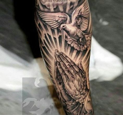 Religious Tattoo Sleeves, Religous Tattoo, Tato Lengan Bawah, Praying Hands Tattoo Design, Tato Salib, Praying Hands Tattoo, Dove Tattoos, Heaven Tattoos, Dove Tattoo