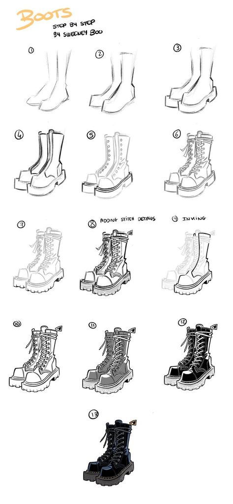 Boots Manga Drawing, Boots Tutorial Drawing, Boot Art Reference, Boots Sketch Drawing, How To Draw Combat Boots, Inktober 2024 Boots, Sweeney Boo Art, Boots Art Drawing, How To Draw A Coat