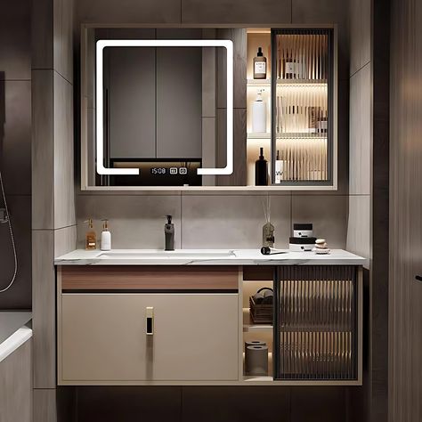 PRICES MAY VARY. Modern bathroom vanity: This bathroom vanity carefully crafted by the designer adopts a coffee color color and is matched with intelligent sensor lighting, making this bathroom vanity suitable for various styles of bathrooms, improving the bathroom experience and making it more fashionable and luxurious. Smart LED defogger mirror: The mirror part of the bathroom vanity adopts advanced electric heating technology. By adjusting the touch button, the water mist after bathing can be