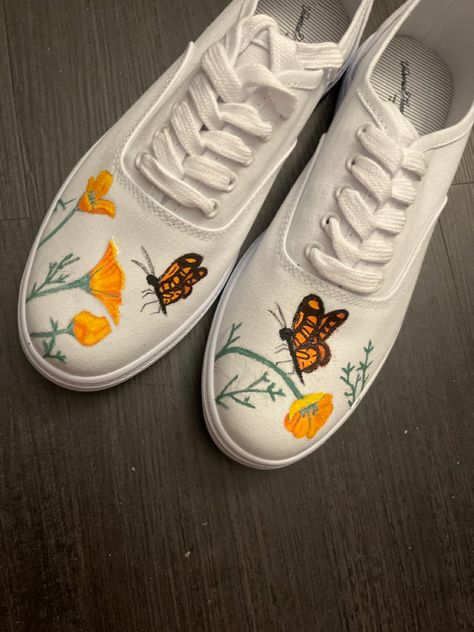 I painted shoes based on one of my favorite buildings in San Francisco, CA #painting #paintedshoes #sanfrancisco #butterfly #flowers Butterfly Painted Shoes, Flower Shoes, Butterfly Painting, Painted Shoes, Butterfly Flowers, Wedding Sneaker, Hibiscus, Designer Shoes, Wedding Shoe