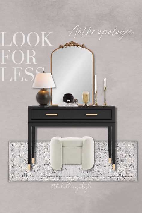 Transitional Entryway Decor, Front Entry Tables, Ottoman Gold, Transitional Entryway, Anthropologie Mirror, Mirror Console Table, Hampton Home, Entry Console Table, Entryway Design