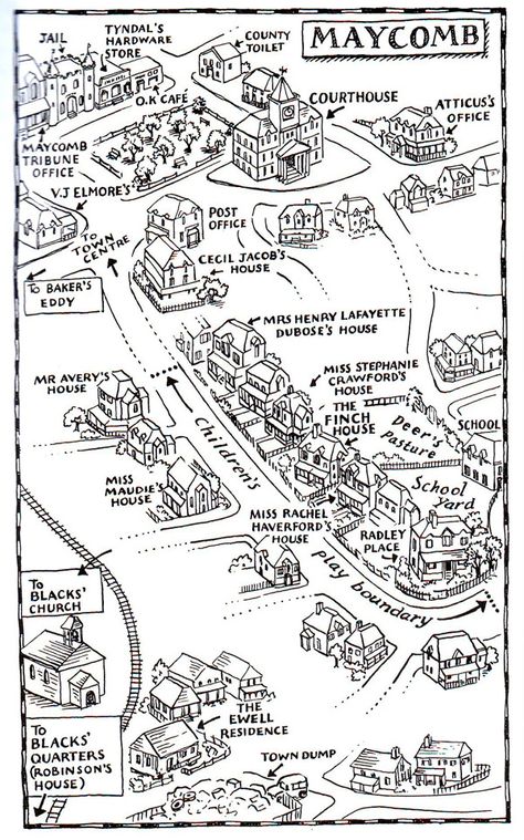 To Kill a Mockingbird's Maycomb is not on any map of the real world, but that doesn't mean it can't be mapped. Here's the world Harper Lee created. Freshman English, Teaching High School English, Secondary English, Teaching Literature, Kill A Mockingbird, High School Ela, Teaching Ela, To Kill A Mockingbird, English Classroom