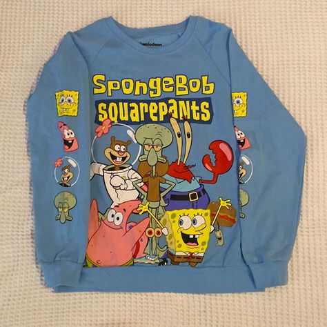 -Add Any *5 For $20* To A Bundle For The Deal! Add Additional Items For Even More Savings!- Juniors Large Sweatshirt/ Long Sleeve Top With All Your Favorite Bikini Bottom Residents! Bnwot Spongebob Merch, Spongebob Clothes, Spongebob Shirt, Light Blue Long Sleeve, Blue Long Sleeve Top, Blue Long Sleeve Tops, Square Pants, Sponge Bob, Grey Long Sleeve Shirt