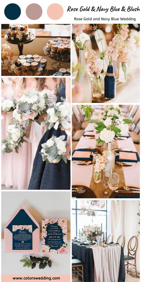 Rose Gold White Wedding Decor, Groom And Groomsmen Different Colors, Navy Blue And Blush Pink Rustic Wedding, Rose Gold And Navy Blue Wedding Theme Flowers, Navy Blue And Rose Gold Wedding, Gold And Navy Blue Wedding, Navy Blue And Blush Wedding, Wedding Rose Gold Theme, Navy And Blush Wedding