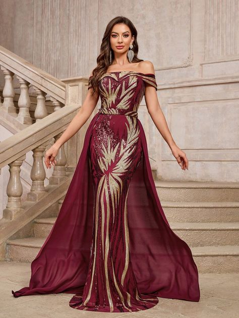 Off-Shoulder Solid Color Patchwork Rear Zipper Sequin Decor Elegant Formal Dress Burgundy Party  Sleeveless Woven Fabric Colorblock,Ombre,Plants,All Over Print A Line Medium Stretch  Weddings & Events, size features are:Bust: ,Length: ,Sleeve Length: Formal Dress Burgundy, Elegant Formal Dress, Burgundy Party, Wedding Event Dresses, Formal Ball Gown, Dresses Formal Elegant, Sequin Decor, Straight Lace Front Wigs, Women Formals