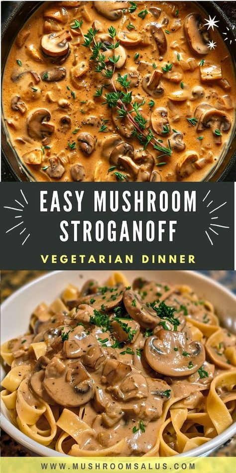 Looking for a delicious and comforting vegetarian dinner idea? Try this Easy Mushroom Stroganoff recipe! Perfect for a cozy fall meal, this creamy dish is loaded with rich flavors and is a must-try for both vegetarians and vegans.   Our Vegan Mushroom Stroganoff uses hearty mushrooms and a luscious sauce, creating the ultimate Mushroom Dish that's both satisfying and easy to make.  Ideal for a One Pot Vegetarian meal that's perfect for a quick weeknight dinner. Check out our recipe and enjoy a warm, comforting dish tonight! Mushroom Dinners Vegetarian, Vegan Stroganoff Recipe, Recipes To Use Up Mushrooms, One Pot Thanksgiving Dinner, One Pot Mushroom Stroganoff, Cozy Vegetarian Recipes, Easy Vegetarian Recipes For One, Vegetarian Recipes Holiday, Dinner Ideas Mushrooms