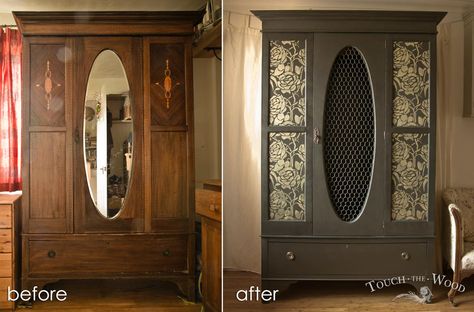 Upcycled Black Wardrobe with Floral Stencil (no. 05) - Touch the Wood Upcycled Wardrobes Ideas, Stencil Wardrobe Doors, Stencil Wardrobe, Wardrobe Upcycle Ideas, Upcycled Wardrobe Ideas, Vintage Wardrobe Makeover, Antique Wardrobe Makeover, Boho Wardrobe Furniture Black, Upcycled Vintage Wardrobe