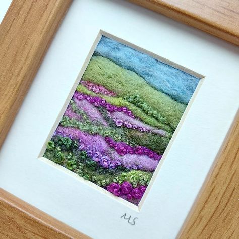 Heather Hills - felted wool and embroidered landscape picture | t-dance-web-site Heather Hills, Needle Felting Diy, Wool Felt Projects, Felt Pictures, Free Motion Embroidery, Felt Embroidery, Needle Felting Projects, Wool Art, Felting Tutorials