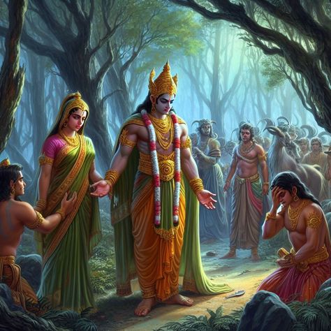 Rama's Exile (Banishment Scene): Visual Description: Rama, Sita, and Lakshmana in the forest, Rama receiving the news of his exile, and the heart-wrenching farewell with his family. The lush forest and the tearful expressions capture the essence of their departure. Mahadev Parvati, Rama Sita, Lord Ram, Lush Forest, Lord Rama, Ram Photos, Disney Phone Wallpaper, Shree Ram, Diy Crafts Paper Flowers