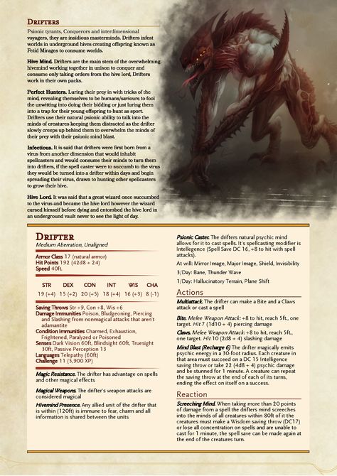 Drifter - D&D 5e Homebrew Monster Creature 5e Homebrew Monster, Homebrew Monsters, Dungeons And Dragons Races, Monster Creature, Dungeon Master's Guide, Dnd Classes, Dnd Races, Dungeons And Dragons 5e, Dungeons And Dragons Classes