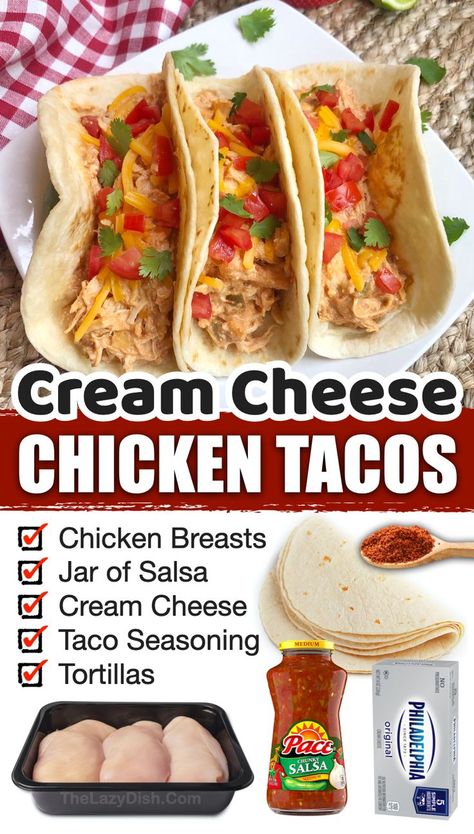 6 Ingredients Or Less Dinner Easy Recipes, Mexican Inspired Food Recipes, 3 Ingredient Recipes Dinner Cheap, Easy Food Recipes For Dinner Quick 3 Ingredients, Three Ingredient Meals, Creamy Chicken Tacos, Creamy Shredded Chicken, Easy Dinner Recipes For Beginners, East Meals