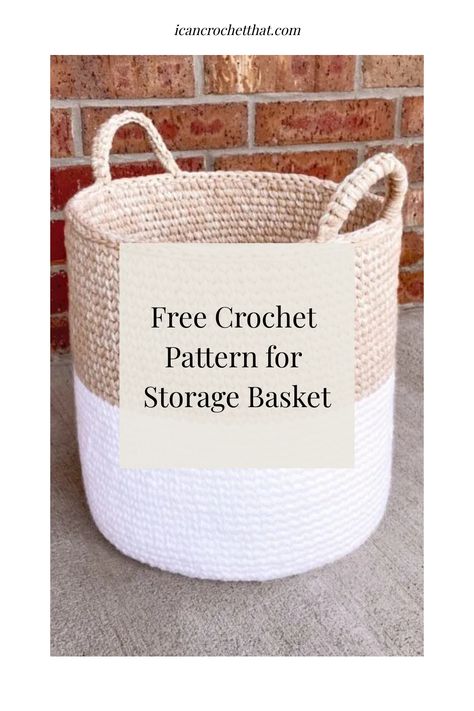 Free crochet pattern for a beige and white storage basket with handles. Free Crochet Large Basket Pattern, Crochet Basket Jumbo Yarn, Crochet Baskets Tutorials, T Shirt Crochet Basket, How To Crochet Baskets Free Pattern, Crocheted Storage Baskets, Crochet Floor Basket Pattern Free, Crochet Big Basket Pattern Free, Crochet Big Basket