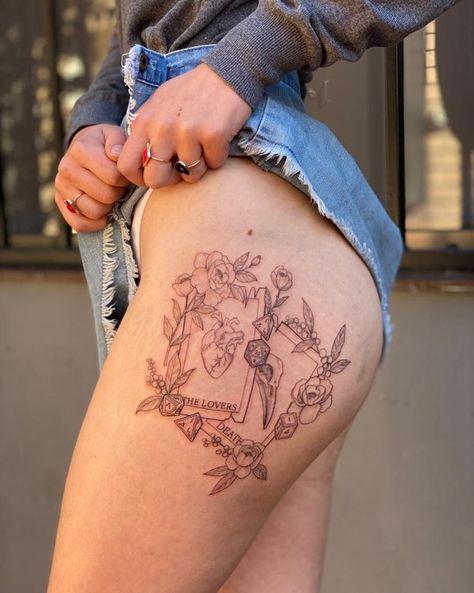 Floral Tarot Card Tattoo, Tarot Card Tattoo Thigh, Symbols Tattoos, Tarot Card Tattoo, Tarot Tattoo, Hip Thigh Tattoos, Prison Tattoos, R Tattoo, Card Tattoo