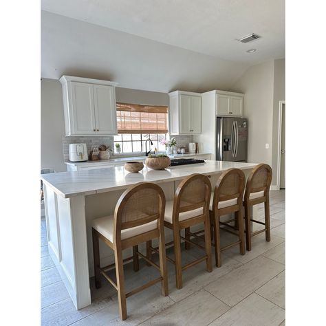 Our rattan bar stool, Bailey, is the perfect addition to your bohemian kitchen space. The upholstered seat is the perfect height for your kitchen island, and is generously cushioned with natural textured boucle linen for your comfort. Woven Bar Stools Kitchen, Tiny Island Kitchen, Rattan Bar Stools Kitchen Island, White Kitchen Barstools, Bar Stools Kitchen Island Ideas, Barstools White Kitchen, Beadboard Island Kitchen, Barstools In Kitchen, Kitchen Bar Stools With Backs