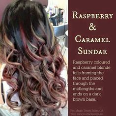 Raspberry Caramel Sundae hair Blonde With Red Highlights, Blonde Foils, Hair Color Images, Red To Blonde, Colourful Hair, Fall Hair Color For Brunettes, Caramel Hair, Sassy Hair, Summer Hair Color For Brunettes