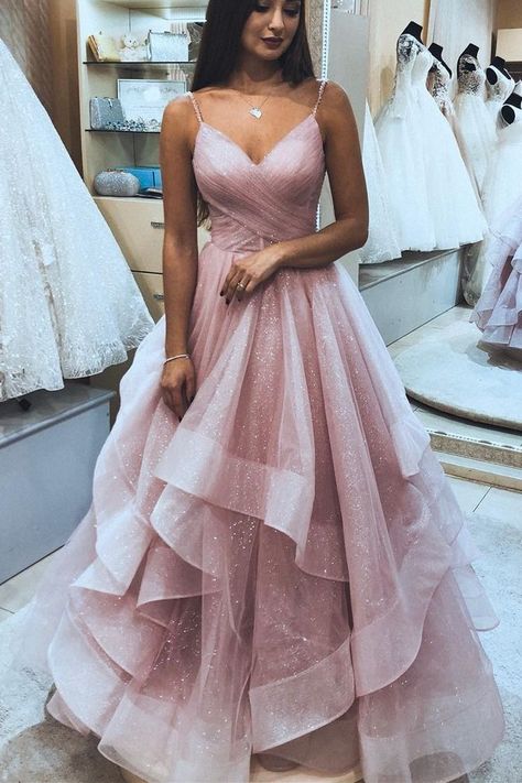 facf9f743b083008a894eee7baa16469desc36900620ri Layered Tulle Prom Dress, Prom Dress Black, Prom Dresses Long Pink, Prom Dresses 2020, Spaghetti Strap Prom Dress, Pink Prom Dress, Prom Dress Styles, Pink Prom, Tulle Prom Dress