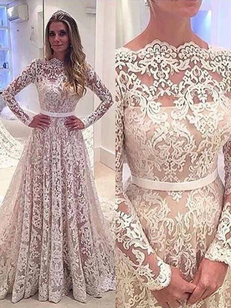 A-Line/Princess Bateau Long Sleeves Lace Court Train Wedding Dresses - Wedding Dresses 2018 - Wedding Dresses - Hebeos Online, PON1506EV948, Spring, Summer, Fall, Winter, Lace, Bateau, A-Line/Princess, Long Sleeves, Natural, Other, Court Train, hebeos.com Stile Casual Chic, Ivory Lace Wedding Dress, Simple Prom Dress, Long Sleeve Wedding Dress Lace, Long Sleeve Prom, Lace Prom Dress, Sleeve Wedding Dress, A Line Prom Dresses, A Wedding Dress