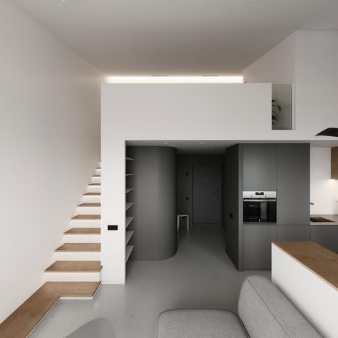 Duplex apartment designed by Pogodin Rogov Group, is an apartment for a young couple in Korolev, Moscow Region. High ceilings made it possible to form a second level for a bedroom with a wardrobe, resulting in a concise two-light space, as well as an increased useful area. #architecture #house #fashion #decor #diy #homedecor #amazingarchitecture #interiordesign #contemporanyhome #modern #residence #designer Aesthetic Decoration Ideas, Modern A Frame Cabin, Apartemen Studio, Place In London, Tiny Loft, Mini Apartments, Slope House, Living Room Aesthetic, Mini Loft