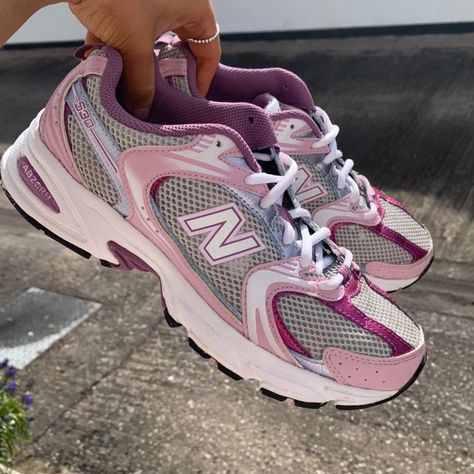 Pink And Purple New Balance, Girly Sneakers, Barbie Swan Lake, Pretty Sneakers, Back To School Shoes, Dr Shoes, Pretty Shoes Sneakers, Shoes Outfit Fashion, Metallic Sneakers