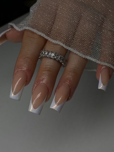 White Crome Nails French Tip, Malta Nails, White Chrome French Tip, White Chrome French Tip Nails, Iridescent French Tip Nails, Egypt Nails, Raiders Nails, Irridescent Nails, Chrome French Tips