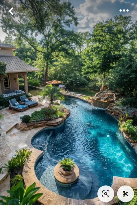 Outdoor Living With Pool, Landscaping Designs Layout, Backyard Landscaping Designs Layout, Backyard Lazy River, Functional Backyard, Dream Backyard Pool, Magical House, Swimming Pool Landscaping, Luxury Exterior