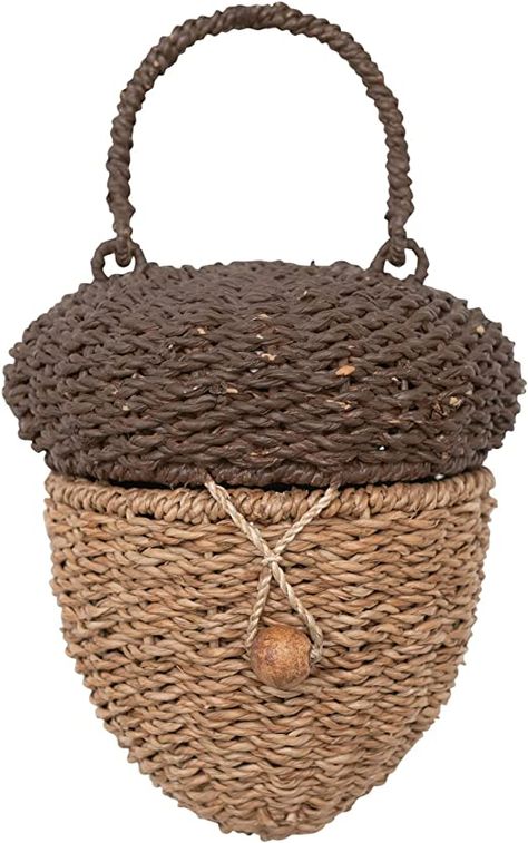 Amazon.com: Creative Co-Op Handwoven Bankuan Acorn Shaped Basket with Lid and Wood Handle, Brown and Natural Decorative Storage, 7" L x 7" W x 8" H, Brown & Natural : Home & Kitchen Shelf Baskets, Basket Wall Hanging, Storage Baskets With Lids, Basket With Lid, Wicker Baskets Storage, Woven Handbags, Natural Branding, Creative Co Op, Hanging Storage